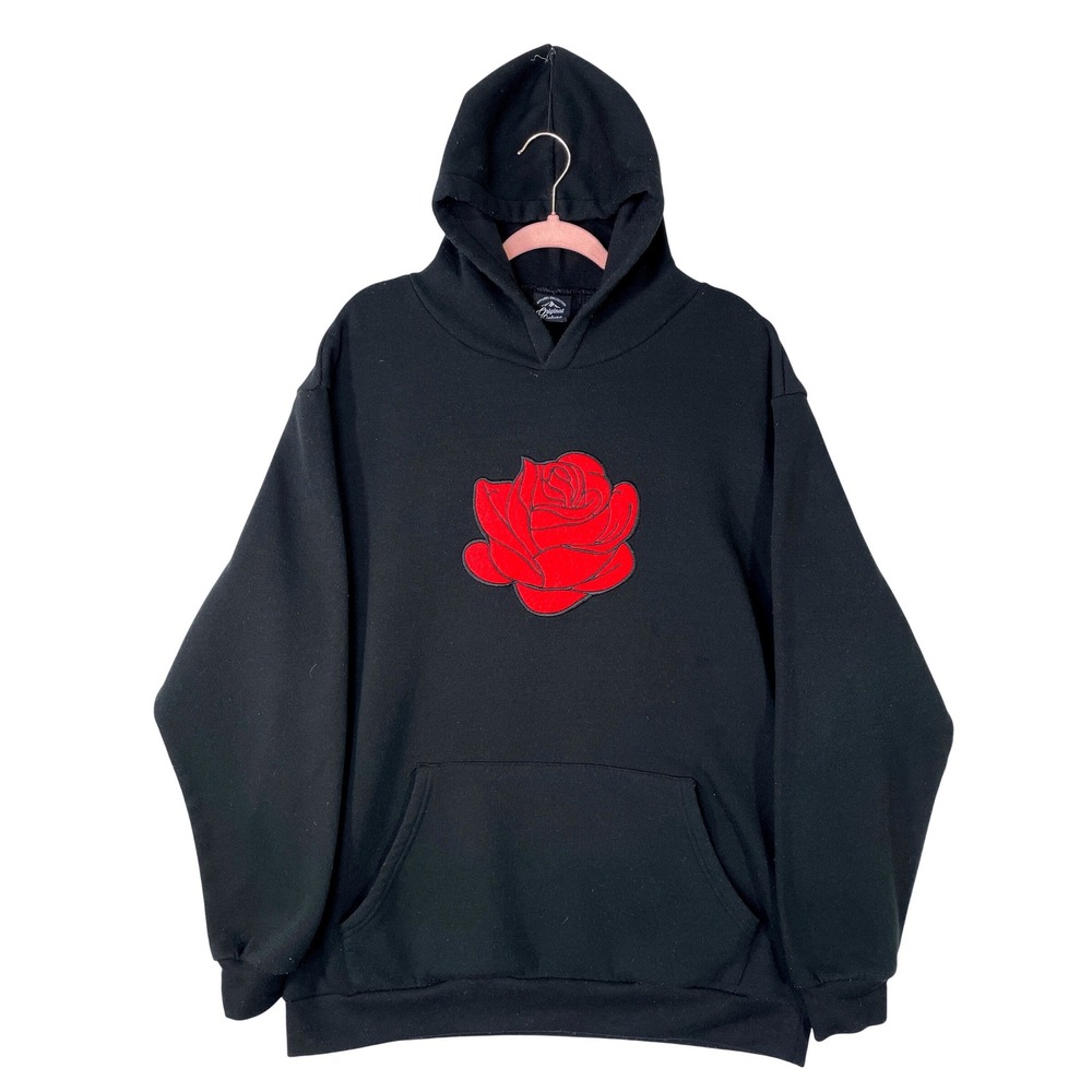 Original Deluxe Supply Mens 2XL Black Hoodie Red Rose Chenille Patch Pullover
